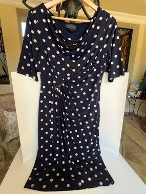 connected apparel Navy Blue Polka Dot Cowl Neck Midi Dress